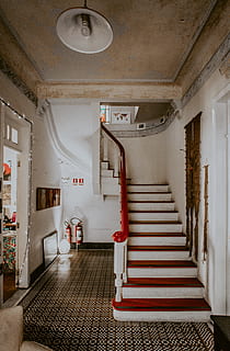 white and red staircase, flooring, banister, handrail, wood, hardwood HD wallpaper