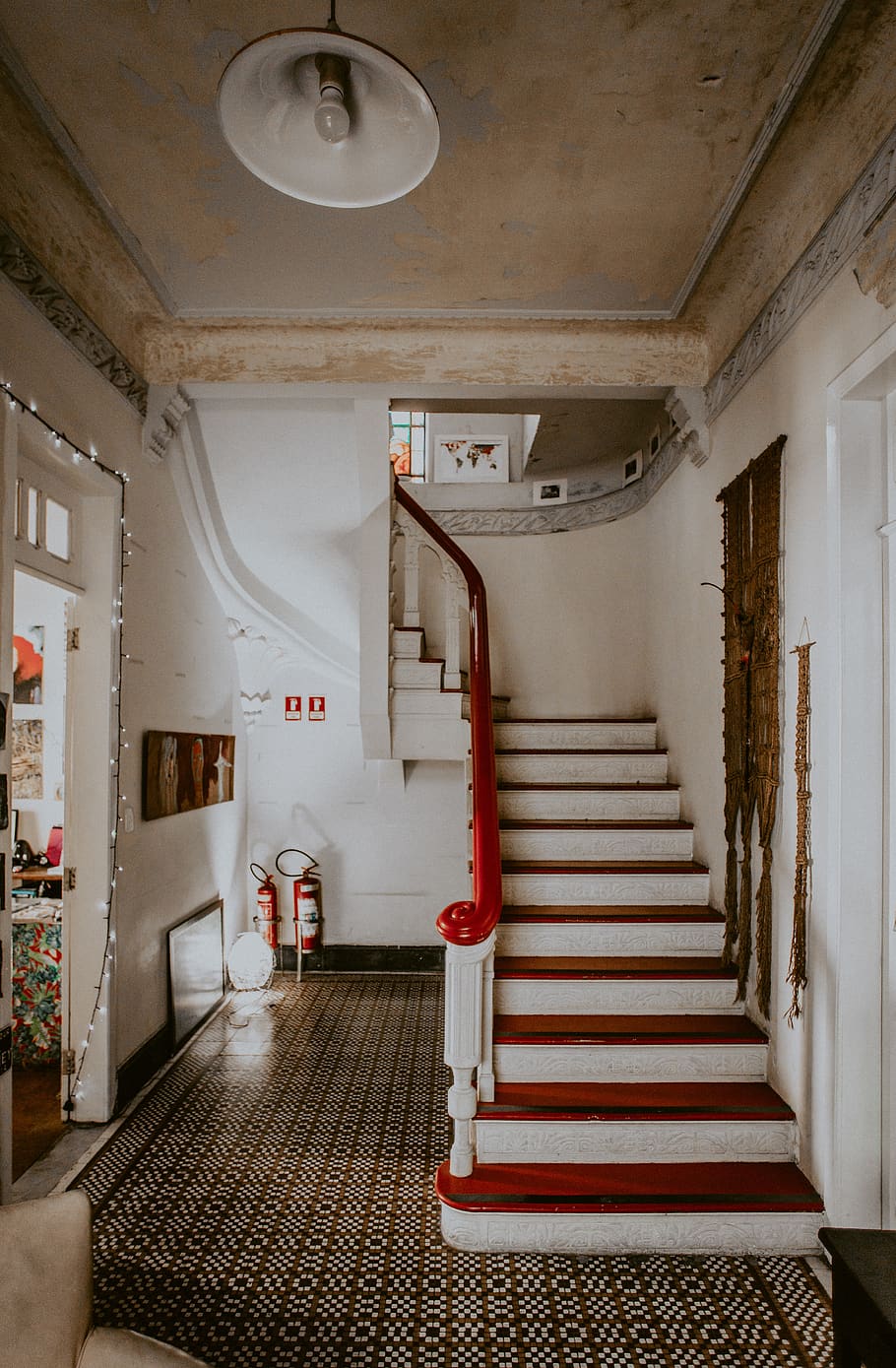 white and red staircase, flooring, banister, handrail, wood, hardwood HD wallpaper
