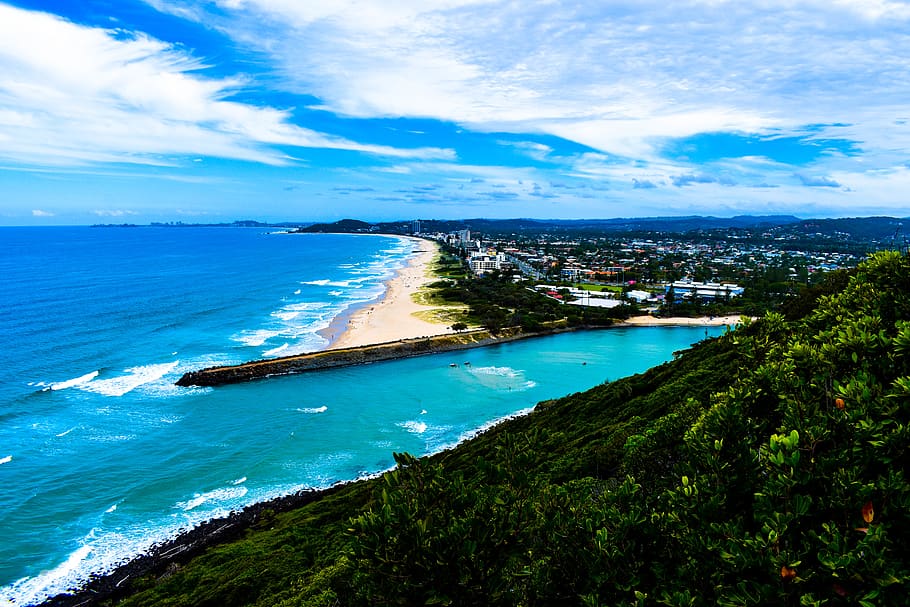 Blue Ocean Near Trees and Mountains Photo, bay, beach, beautiful HD wallpaper