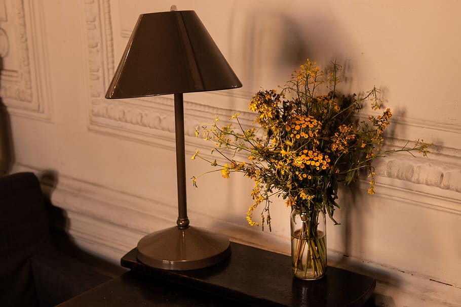 flowers, interior, lamp, composition, warm tone, yellow, plant HD wallpaper