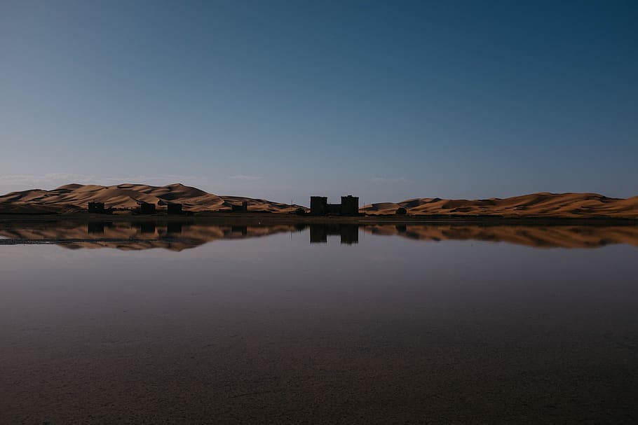 reflection, desert, sand, dunes, morocco, sahara, sky, water HD wallpaper