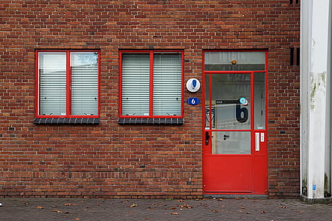 closed red door, home decor, brick, window, shutter, curtain HD wallpaper