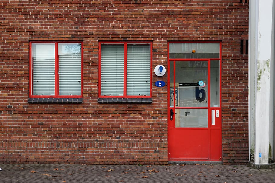 closed red door, home decor, brick, window, shutter, curtain HD wallpaper