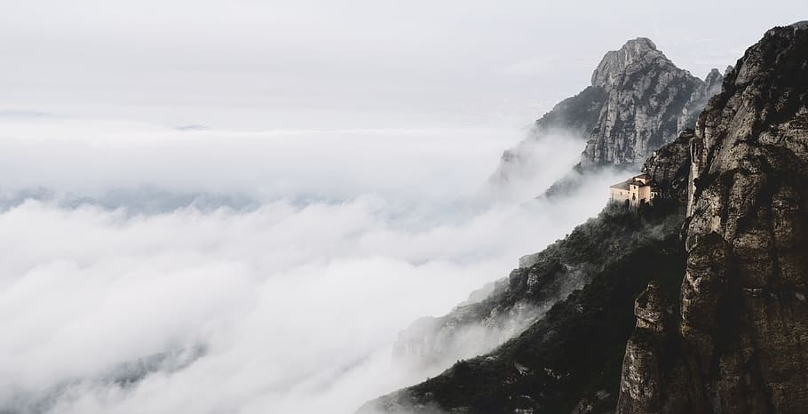 clouds below the twin mountain peaks, nature, outdoors, weather HD wallpaper