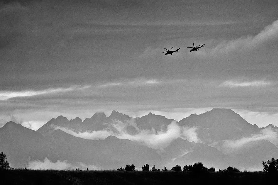 helicopter, mountains, apache, sky, air vehicle, mode of transportation HD wallpaper