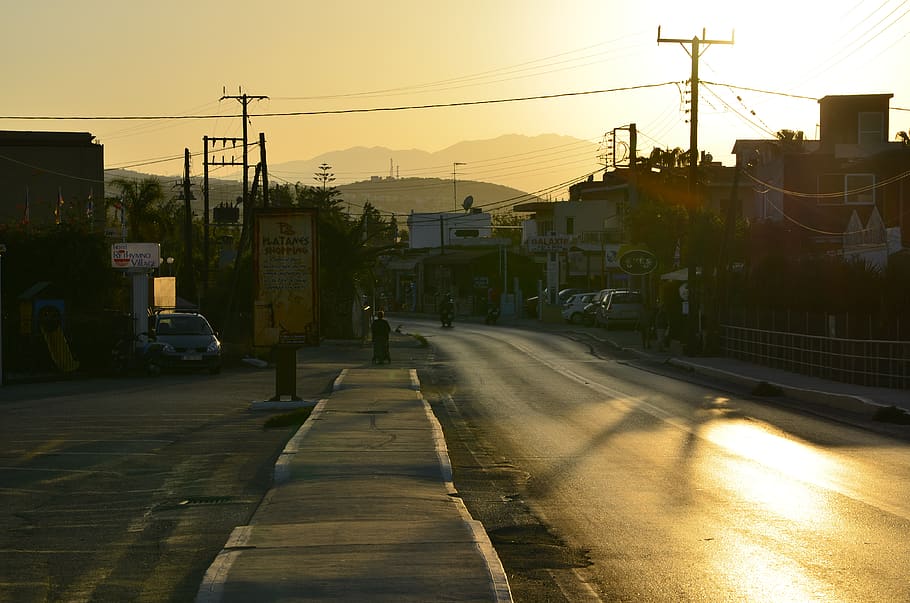 greece, rethimno, crete, sunset, street, building exterior HD wallpaper
