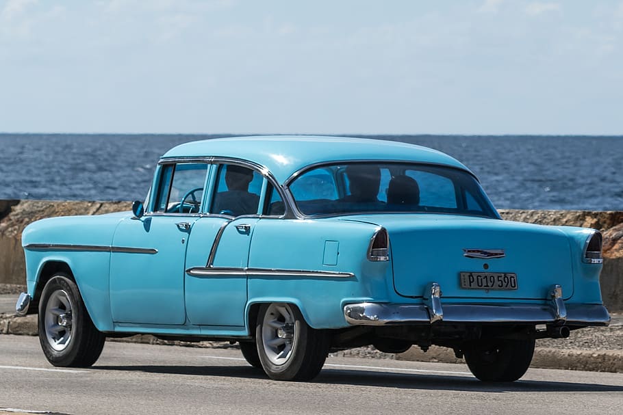cuba, havana, malecon, almendron, chevy, blue, car, taxi, vehicle HD wallpaper