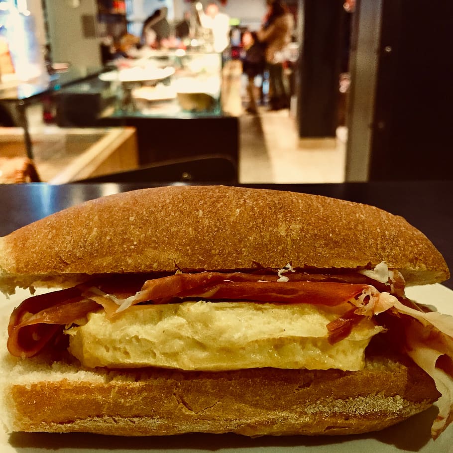madrid, spain, calle de génova, sandwich, jamon, eggs, breakfast, HD wallpaper