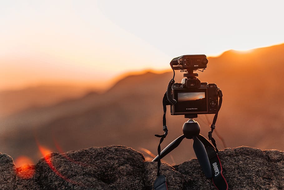 black Canon camera, tripod, electronics, outdoors, nature, mountain HD wallpaper