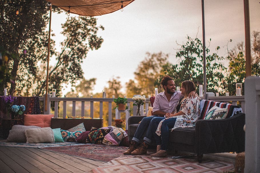 man and woman sitting on bench during golden hour, men, two people HD wallpaper