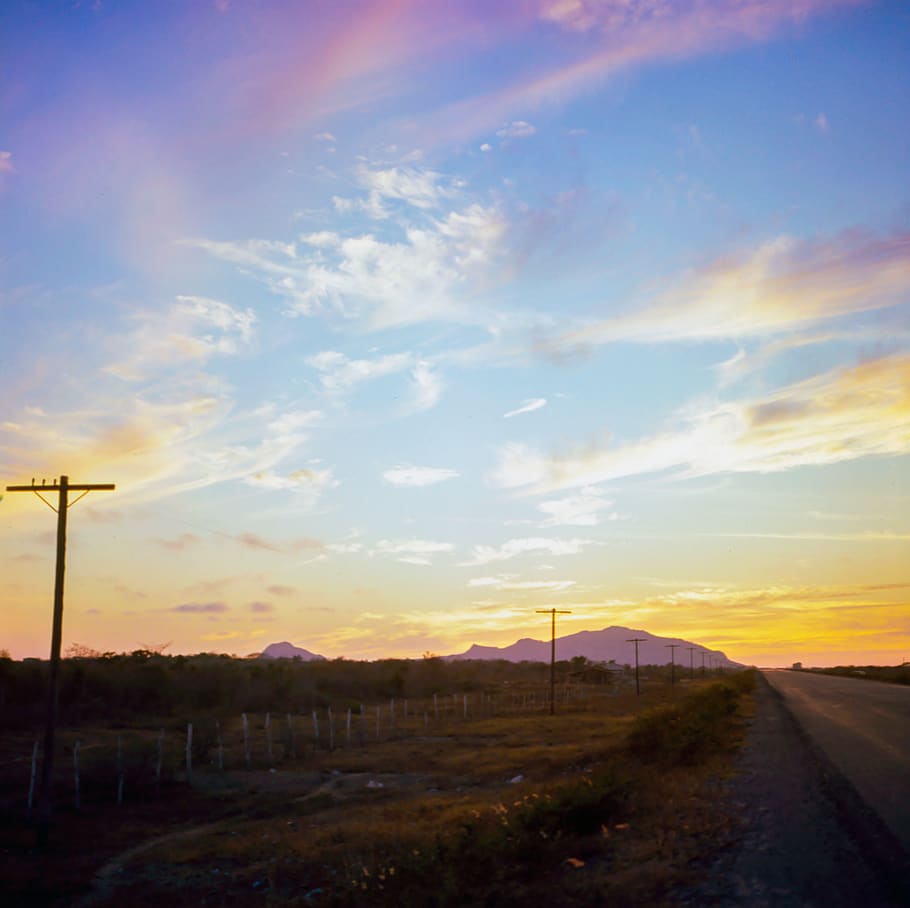 clouds, mountains, sky, sunset, cloud - sky, road, transportation HD wallpaper