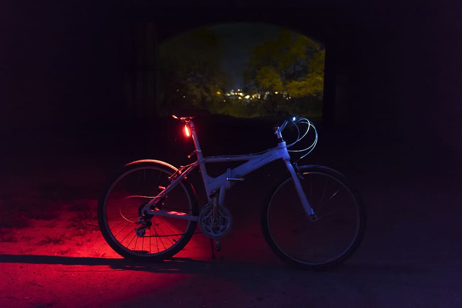 Blue and Black Road Bike on Street, arch, colors, dark, lights HD wallpaper