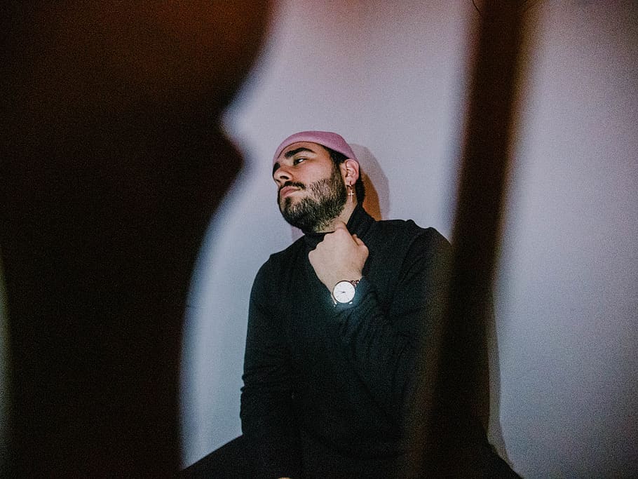 watch, beanie, guy, pink, model, creative, beard, black, person HD wallpaper