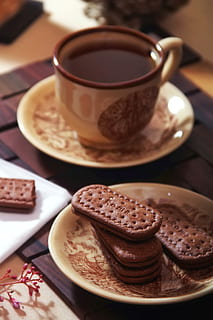 Chocolate Biscuits Beside Chocolate Coffee, breakfast, ceramic HD wallpaper