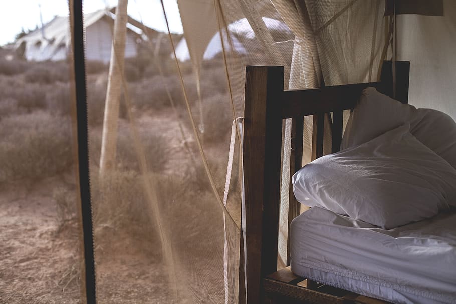 tent, screen, bed, pillow, dirt, field, furniture, no people HD wallpaper