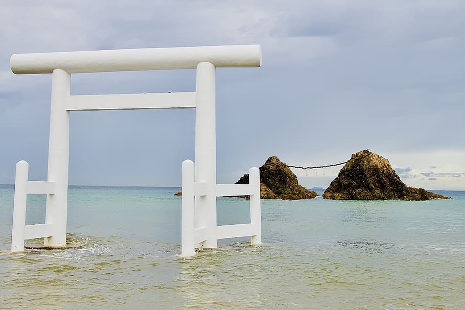 white torii gate, japan, fukuoka prefecture, nature, water, sea HD wallpaper