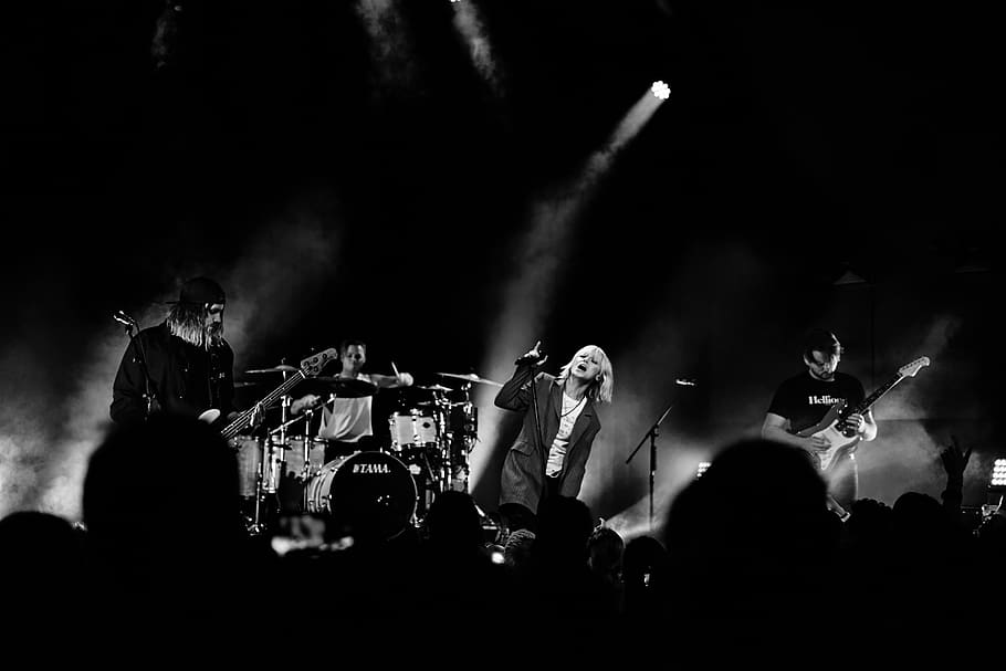 grayscale photography of band performing on stage, person, human, HD wallpaper