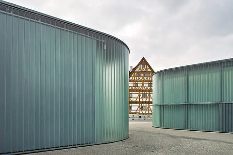 two blue containerized housing units, building, office building HD wallpaper