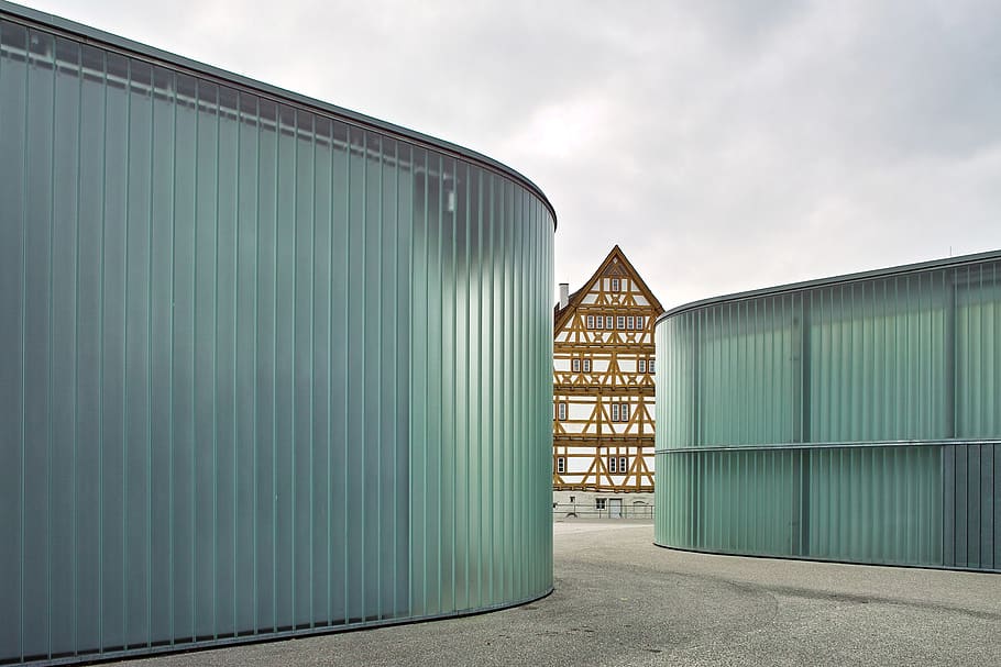 two blue containerized housing units, building, office building HD wallpaper
