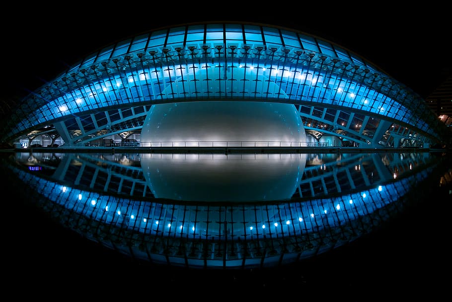 building interior photography, night, shiny, illuminated, geometric shape HD wallpaper