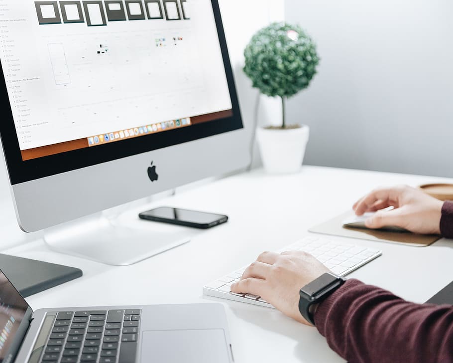 person using iMac, desktop, watch, smartwatch, screen, workspace HD wallpaper