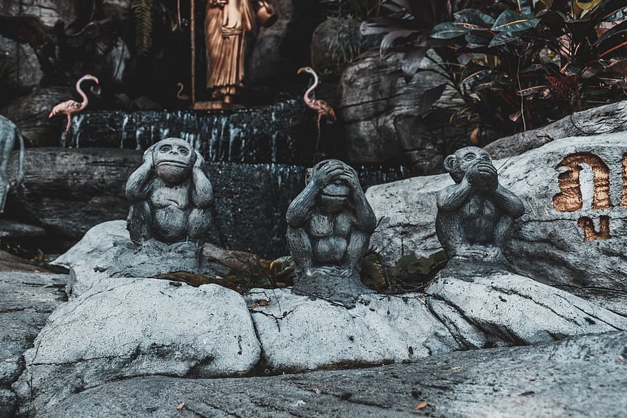 three wise monkeys, statue, person, human, people, gargoyle, art HD wallpaper