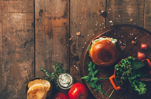 Burger and Vegetables Placed on Brown Wood Surface, bread, color HD wallpaper