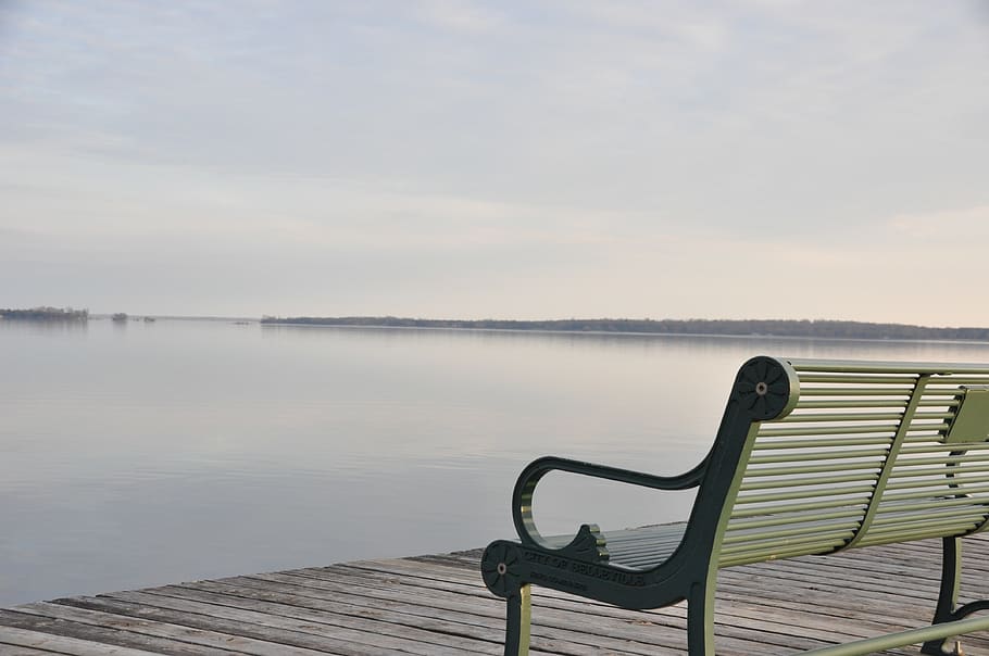 Photo of Gray Metal Bench Near Sea, beach, calm, dawn, dock, landscape HD wallpaper