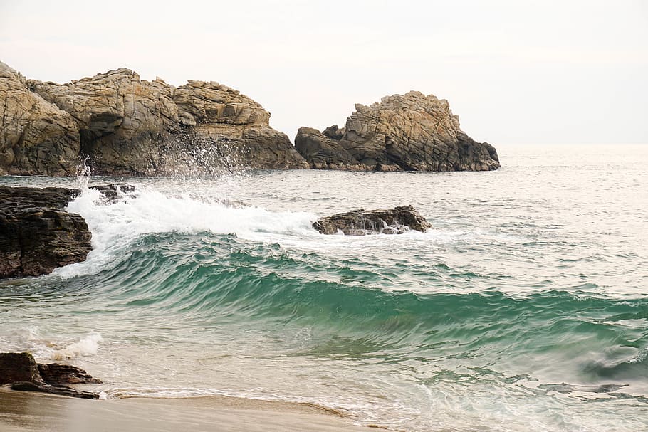 mexico, mazunte, punta cometa, wave, rocks, sea, water, rock - object, HD wallpaper