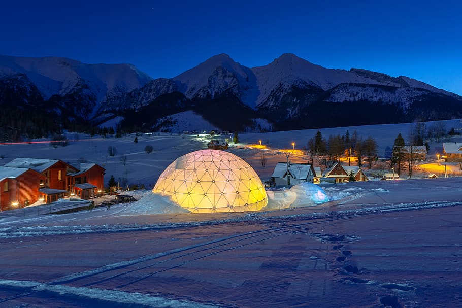 lighted dome building, snow, winter, cold temperature, mountain HD wallpaper