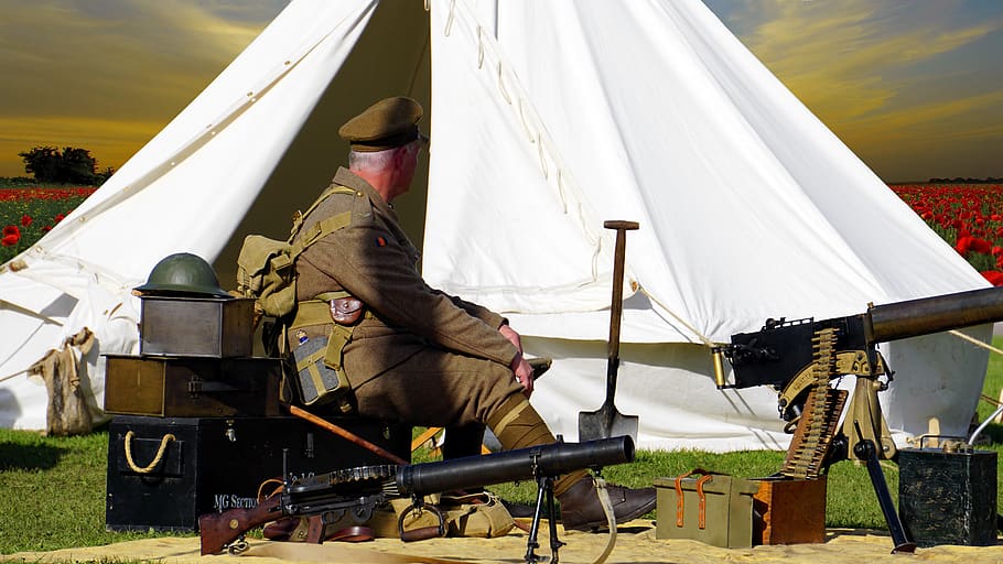 Man Sitting on Chair Near White Tent, action, adult, armed, army