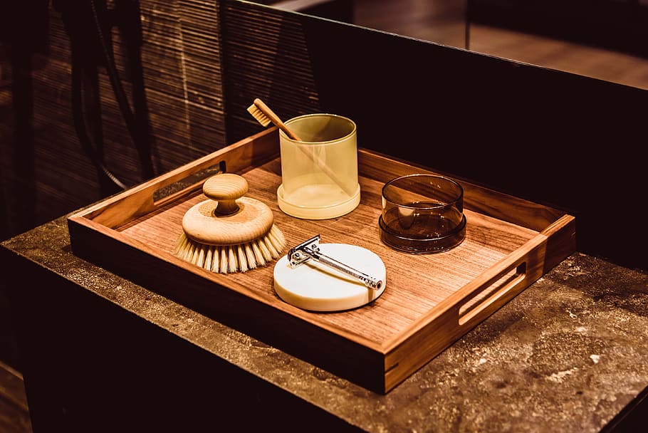 bathroom, tooth brush, clean, hygiene, razor, care, bamboo tray HD wallpaper
