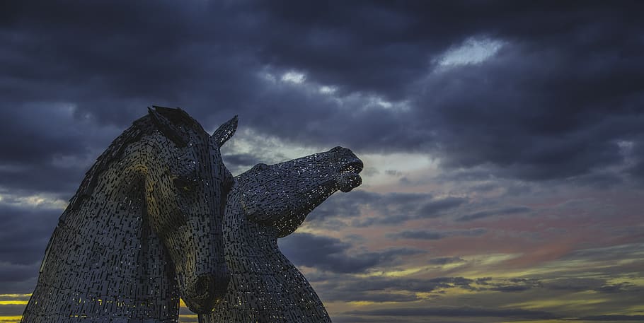 Two Grey Horse Statue Under Cloudy Sky, art, clouds, landmark HD wallpaper