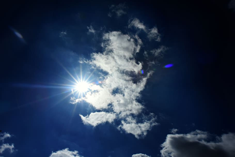 sun, clouds, skies, sun rays, dark blue, atmosphere, heavens HD wallpaper