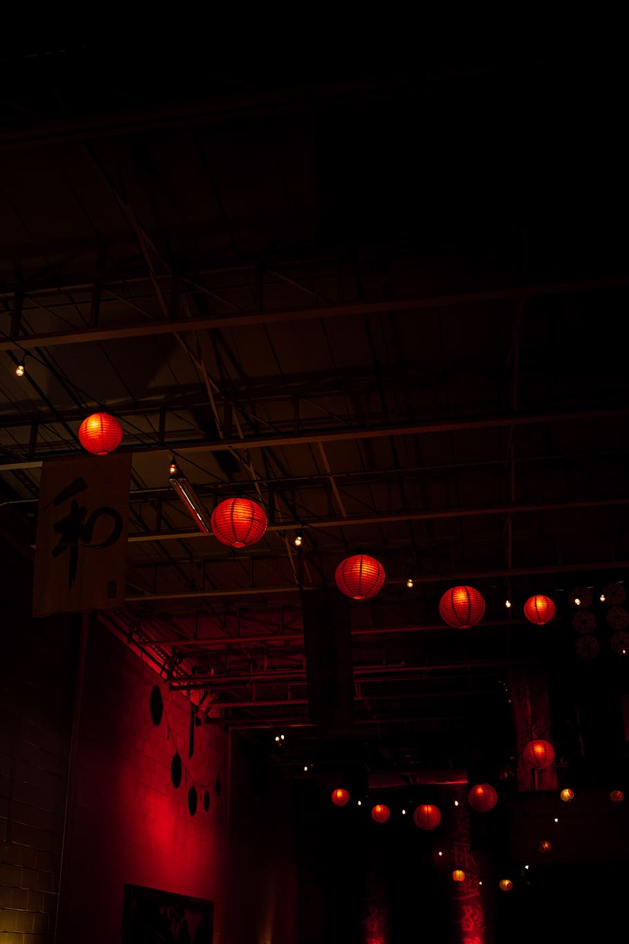 red lightened lanterns, illuminated, lighting equipment, ceiling HD wallpaper