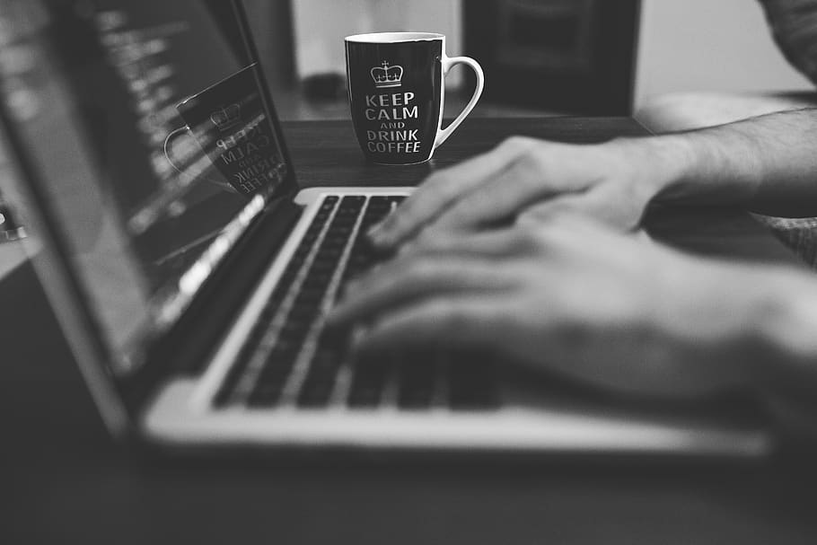 Person Using Laptop Computer in Gray Scale, apple, black-and-white HD wallpaper