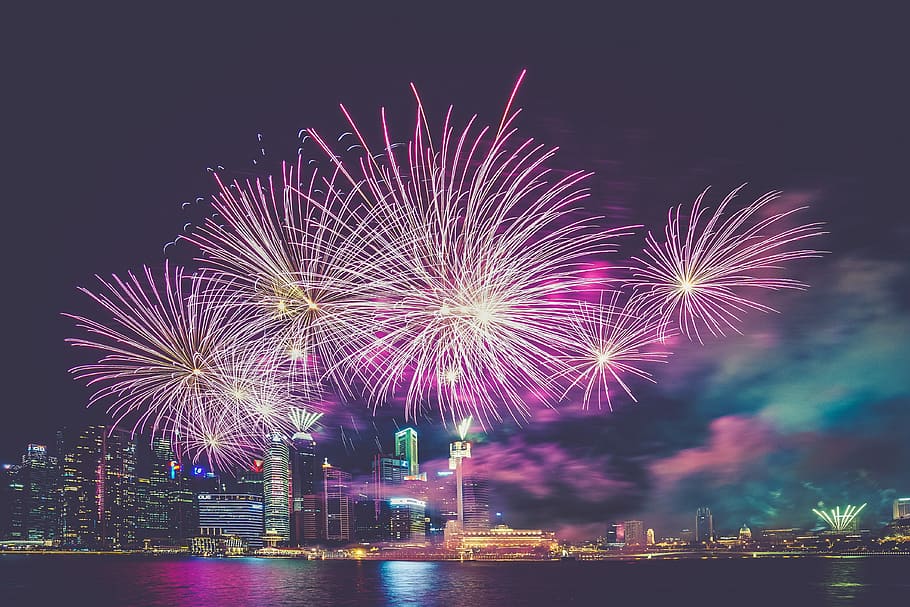 fire, fireworks, light, effect, city, building, architecture HD wallpaper