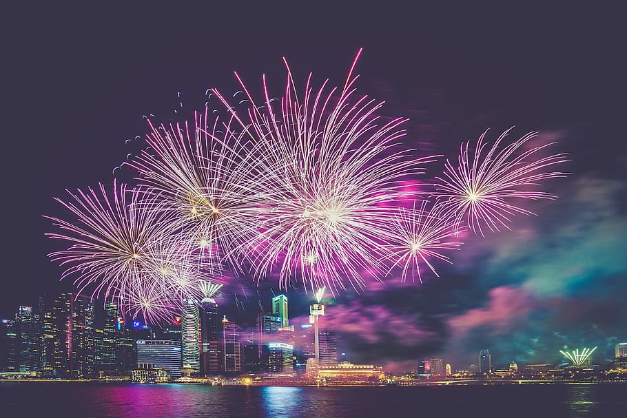 fireworks, lights, celebration, sky, night, dark, evening, cityscape HD wallpaper