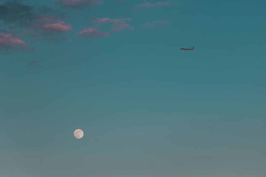 plane, moon, sky, cloud, blue, flying, low angle view, nature HD wallpaper