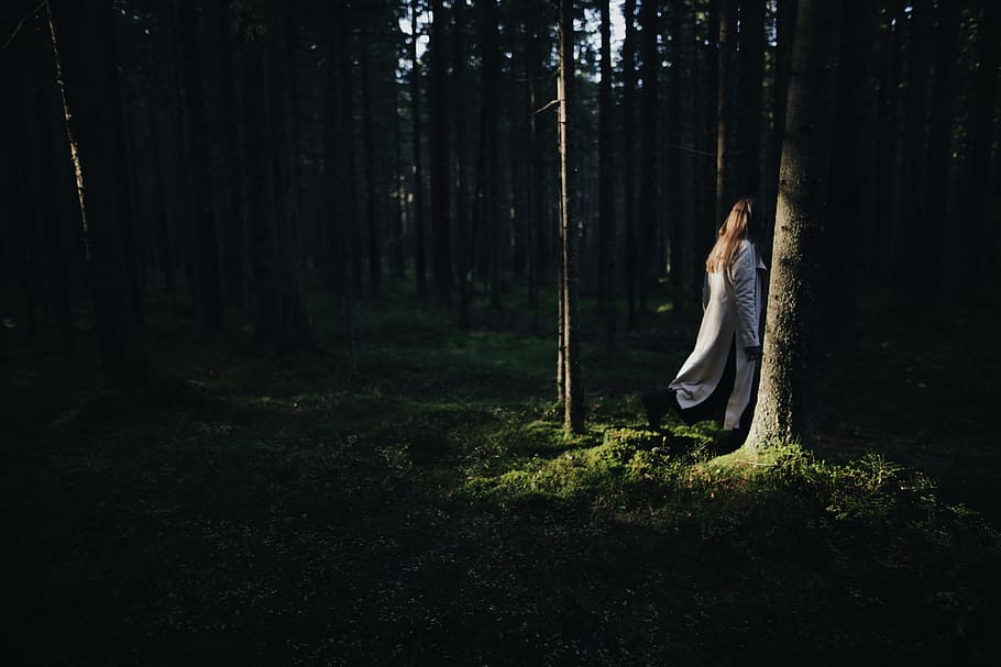 Woman Standing In The Forest, dark, daylight, eerie, environment HD wallpaper