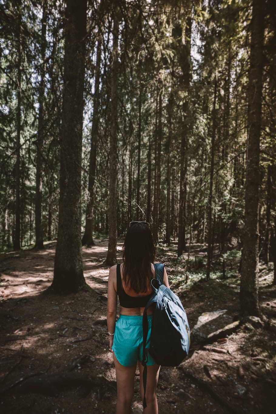 woman facing trees, person, human, people, forest, land, vegetation HD wallpaper
