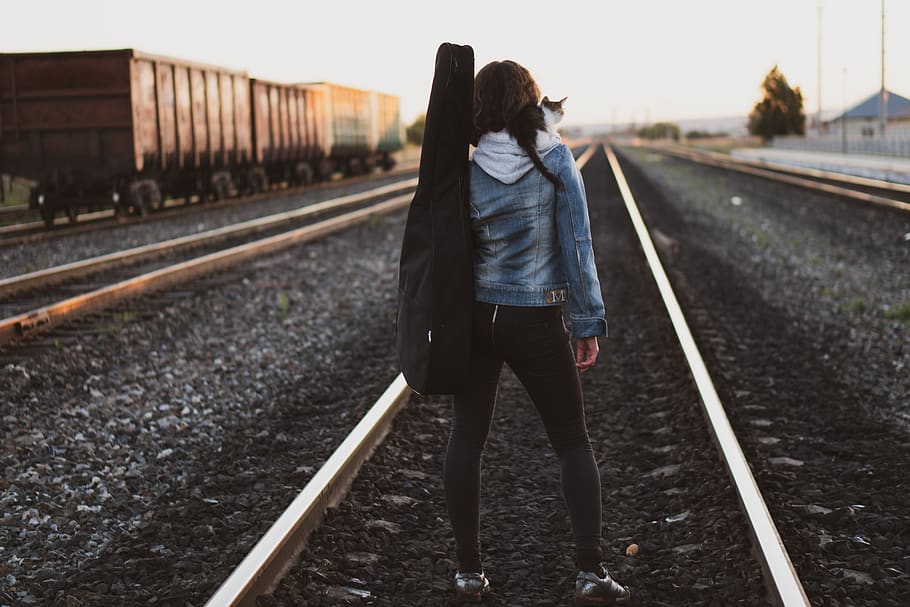 Woman Standing on Train Rail, back, commuter, girl, guidance, HD wallpaper