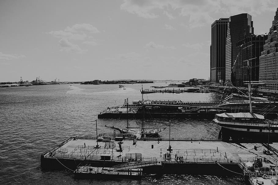 gray concrete dock, water, waterfront, port, pier, vessel, vehicle HD wallpaper