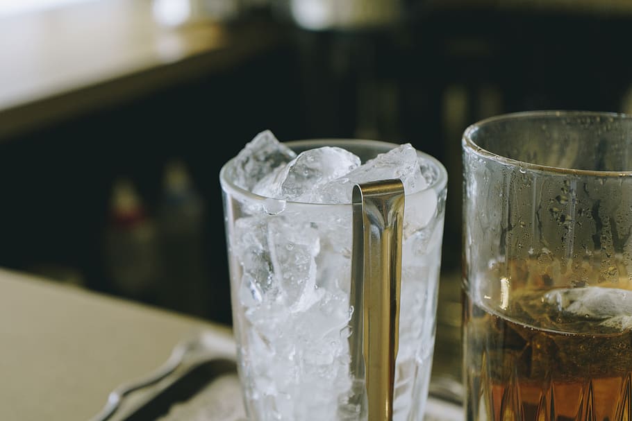 clear drinking glass with ice cubes, food and drink, household equipment HD wallpaper