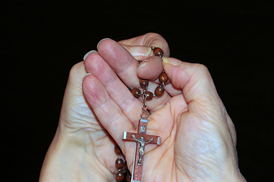 praying, cross, string, bead, human, activity, rosary, religious, HD wallpaper