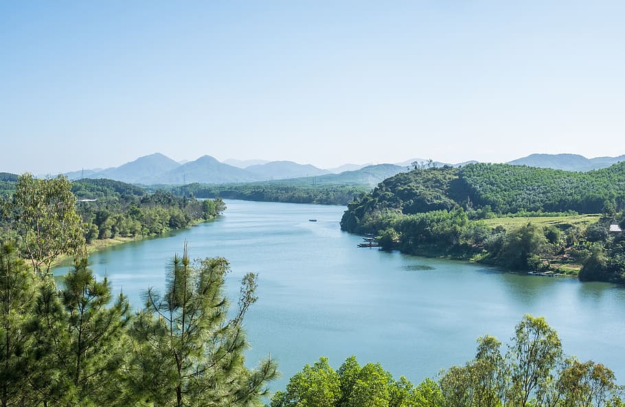 clear lake surrounded by forest under clear blue sky, water, scenics - nature HD wallpaper