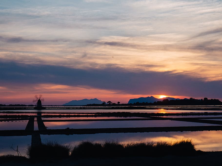 marsala, italy, saline marsala stagnone, clouds, reflections, HD wallpaper