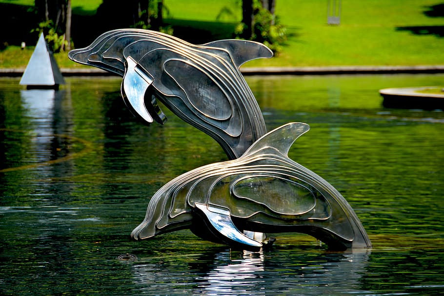 Gray and Brass Metal Dolphin Pool Decor, animals, aquatic, architecture HD wallpaper
