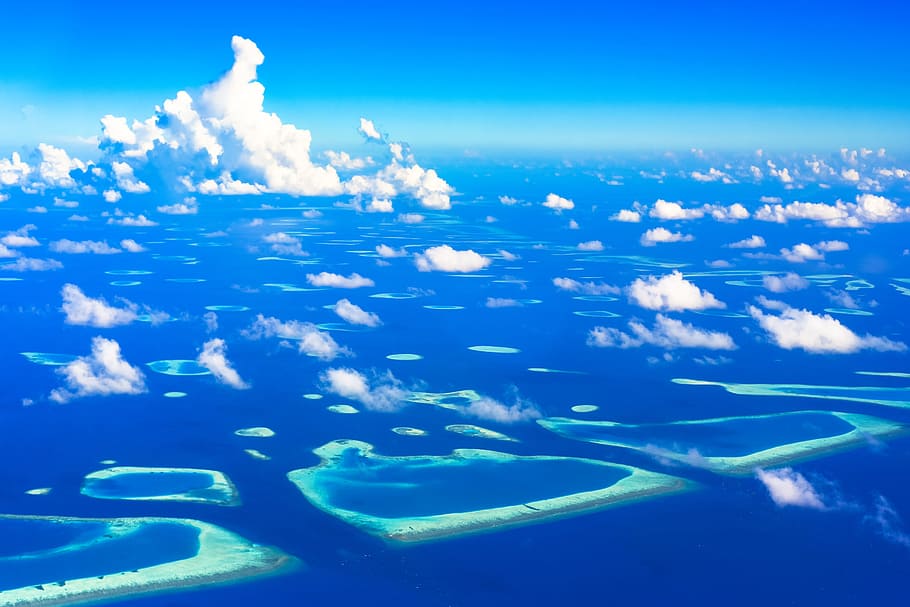 Cloudy Sky, archipelago, beach, bird's eye view, clouds, coast HD wallpaper