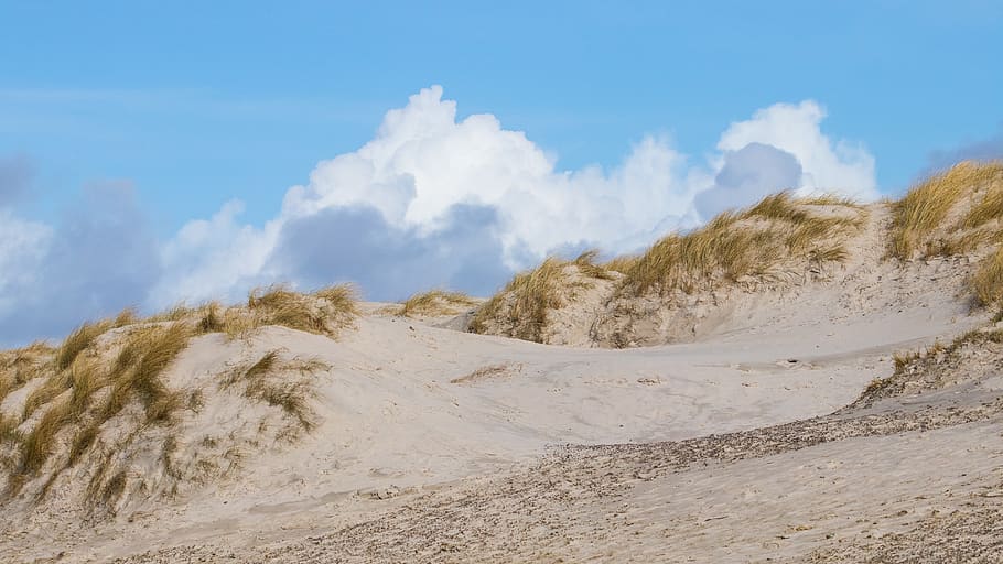 sand, beach, dune, sky, clouds, the north sea, west coast, jutland, HD wallpaper